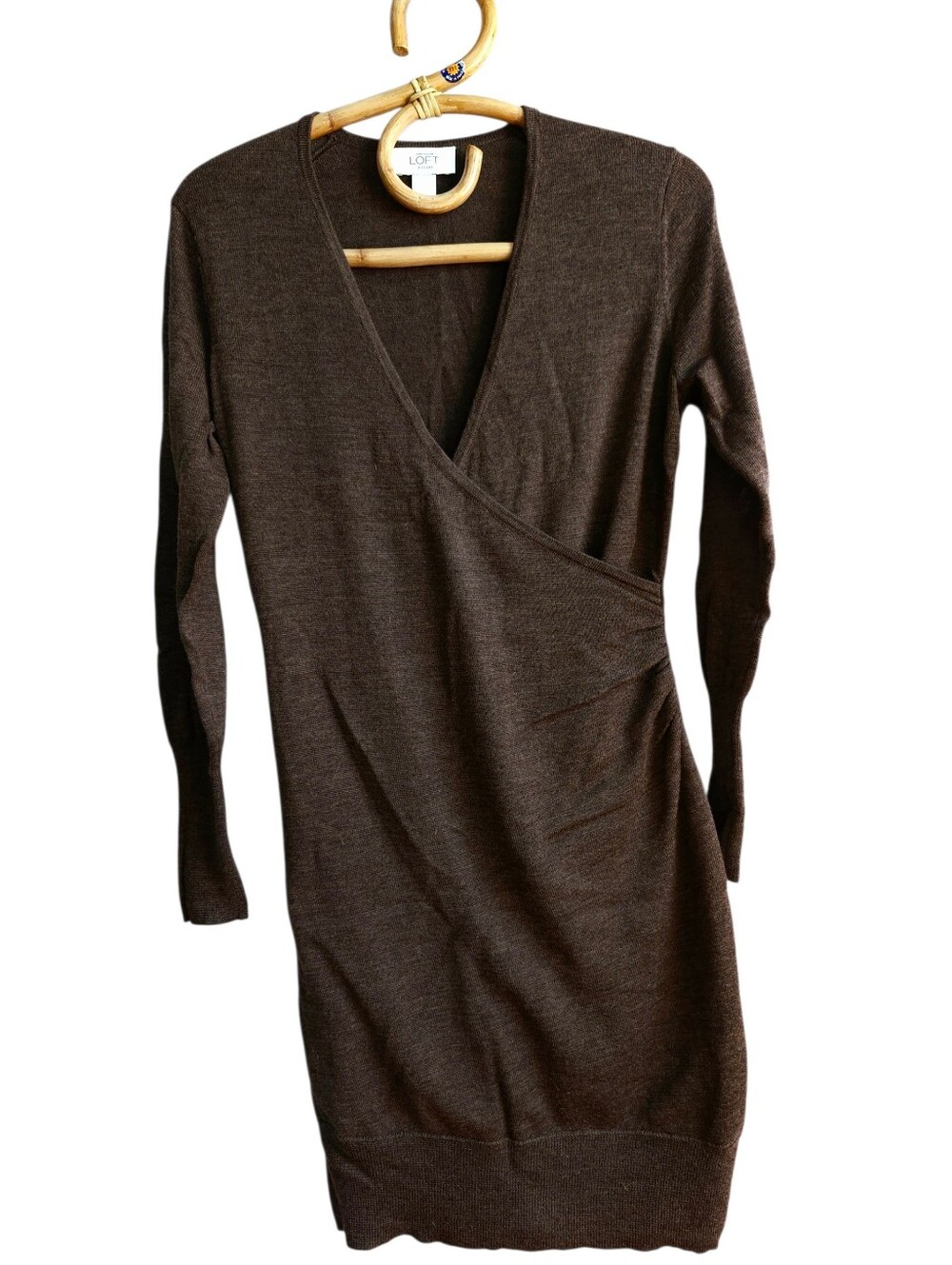 LOFT Brown Long Sleeve Faux Wrap Surplice Sheath Wool Blend Sweater Dress MP
